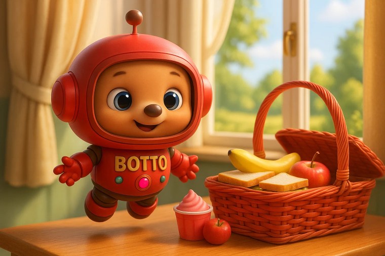 Botto'nun kırmızı piknik sepeti ile birlikte mutlu bir şekilde ortada süzüldüğü, sepetin içinde muz, elma ve dondurma bulunduğu bir sahne.
